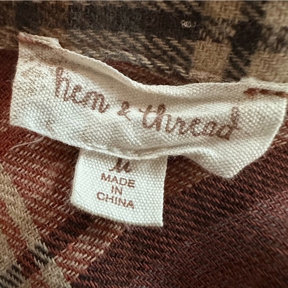 Hem & Thread Frayed Plaid Button-Up Lightweight Flannel Shirt, Striped Sides, M - Picture 11 of 15